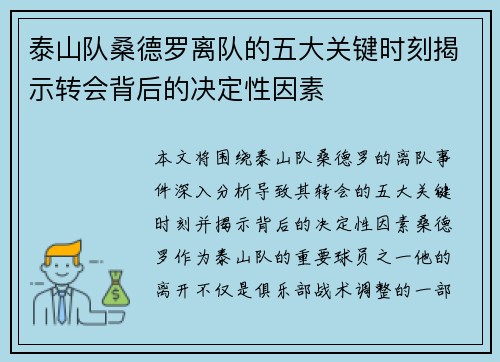 泰山队桑德罗离队的五大关键时刻揭示转会背后的决定性因素